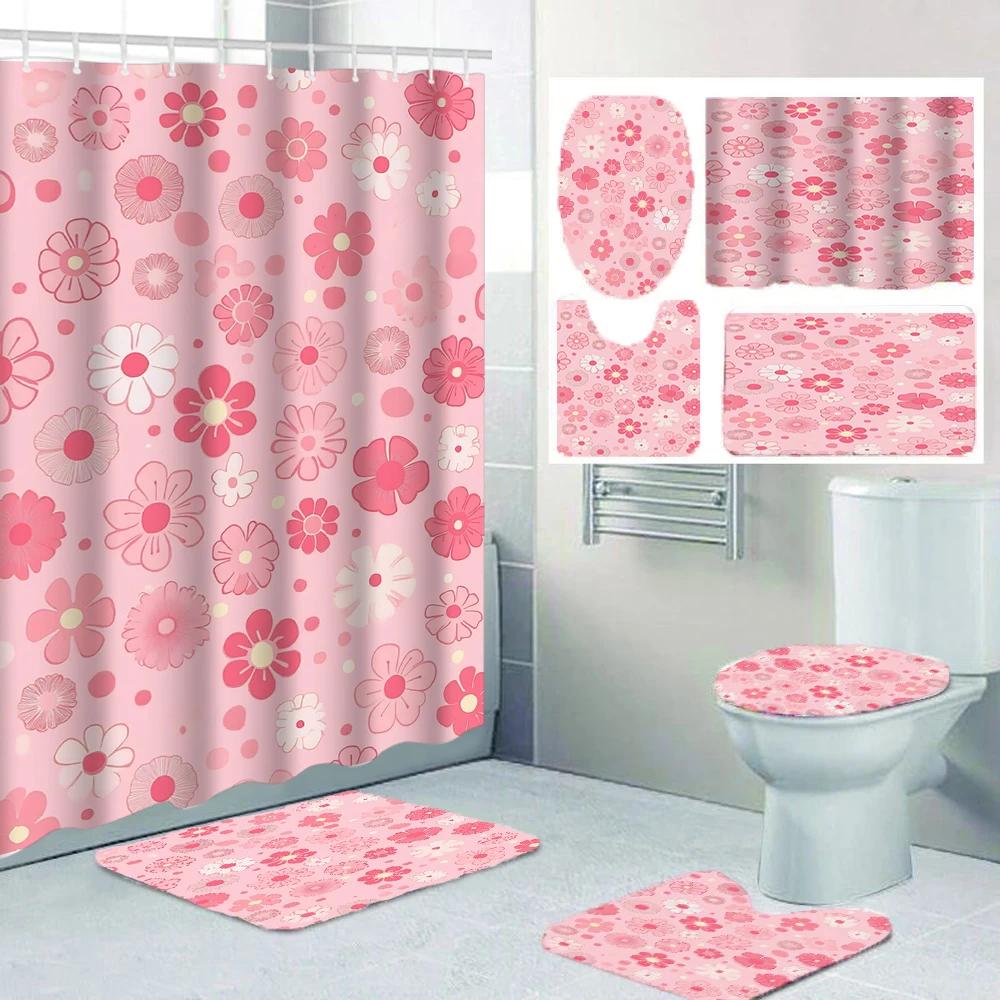 

1/4 маленькие занавески для душа с цветочным принтом, украшение на сиденье унитаза, занавеска для душа с ковром и крышкой для унитаза, 70,8x70,8 дюйма