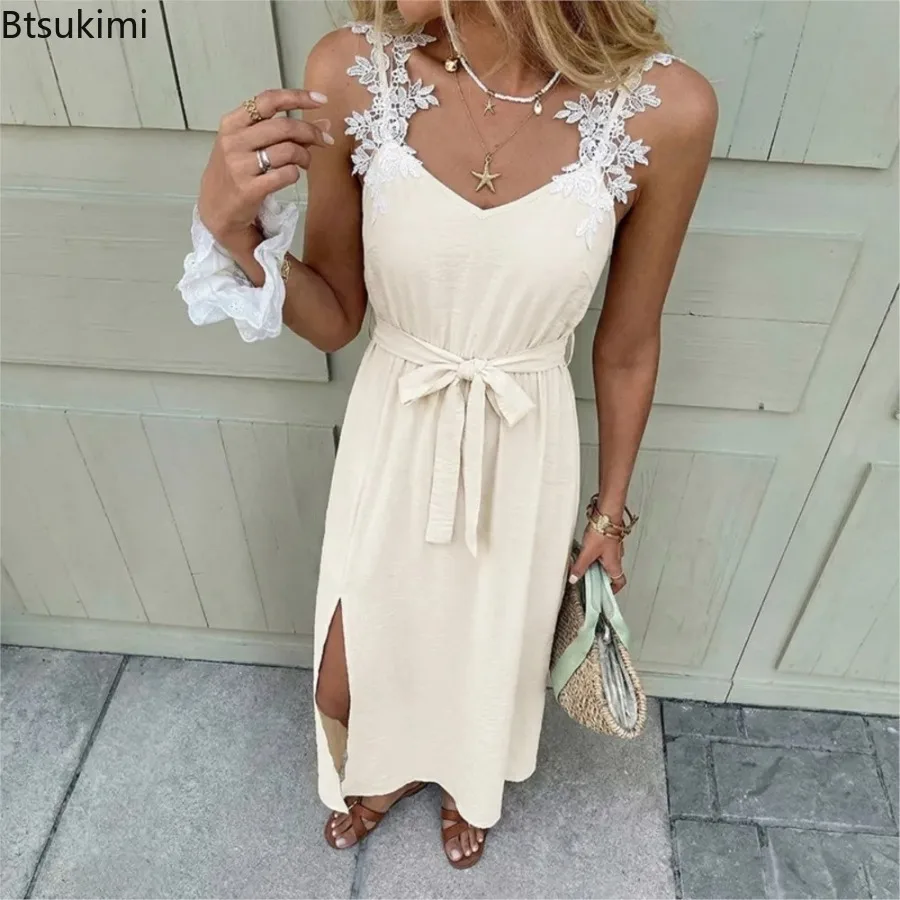 Summer Women's Sexy Bandeau Fitted Long Dress Floral Lace Detailing Women Straps Dress Flattering Waistline Elegant Slit Dresses