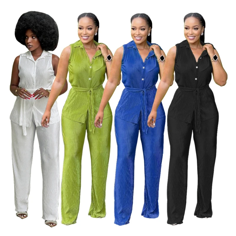 

Pant Set Women Two Piece Sets Matching Sets Sleeveless Y2k Streetwear Casual Shirt Tops Wide Leg Long Pants Lace Up High Waist