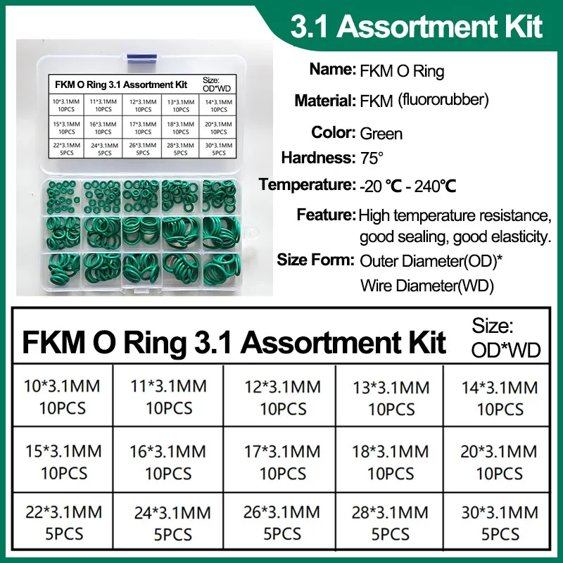 VMQ O-Ring-Dichtungsscheiben-Set aus Silikonkautschuk, FKM-Sortimentssätze für O-Ring-Dichtungen aus Fluorkautschuk, für die Autoreparatur von Luftgasaanschlüssen – Detail 9