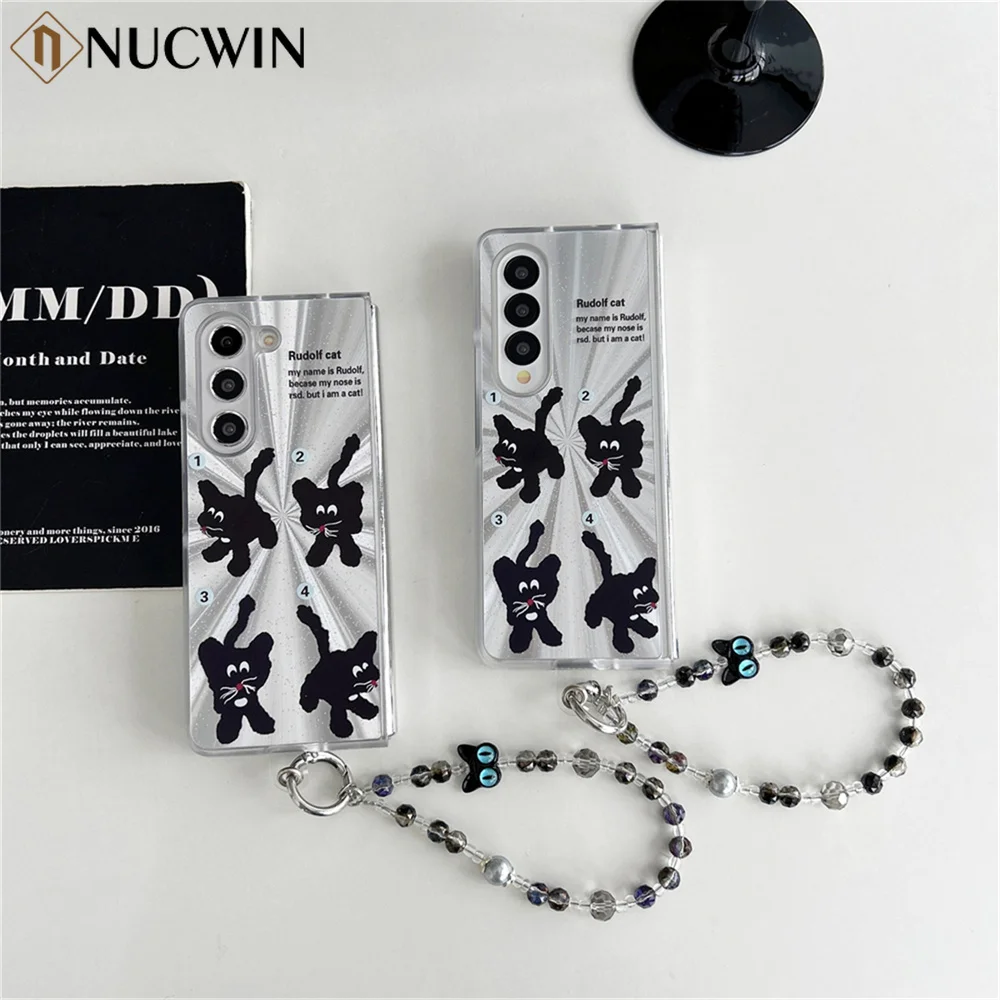 

For Samsung Galaxy Z Fold 6 5 4 3 5G Ins Aurora Laser Little Black Cat Chain Bracelet Case For Galaxy Z Fold6 Fold5 Hard Cover