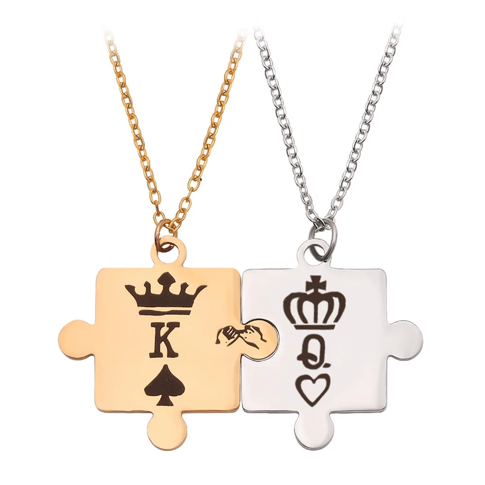 2022 Poker K and Q Puzzle Piece Couple Necklace Stainless Steel Link Chain Couple Jigsaw Lovers Pendant King and Queen Crown