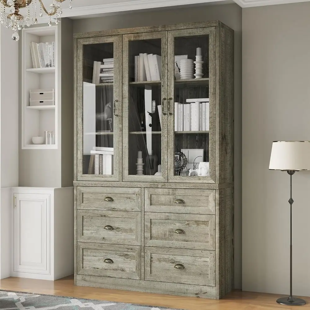 

Rustic 78.7 Vintage Bookshelf with 6 Shelves, Glass Doors & Adjustable Racks for Home Office, Living Room in Bronze Oak Finish