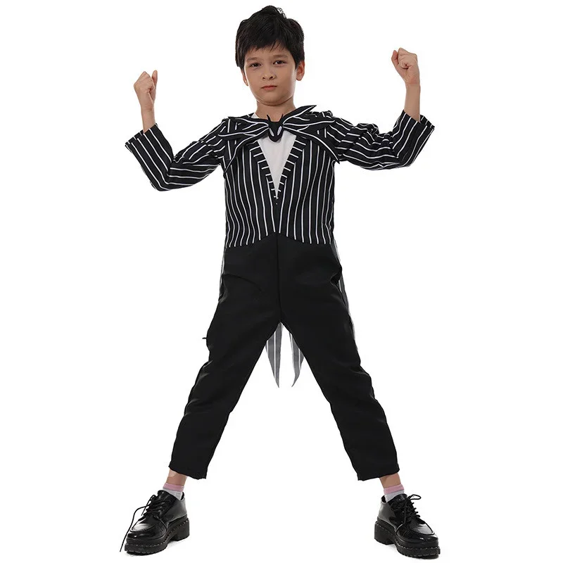 Kinder Gothic Skelett Genähtes Puppen-Cosplay-Set Gestreiftes Kostüm Patchwork-Kleid Perücke Halsband Halloween Karneval Party Outfit – Detail 8