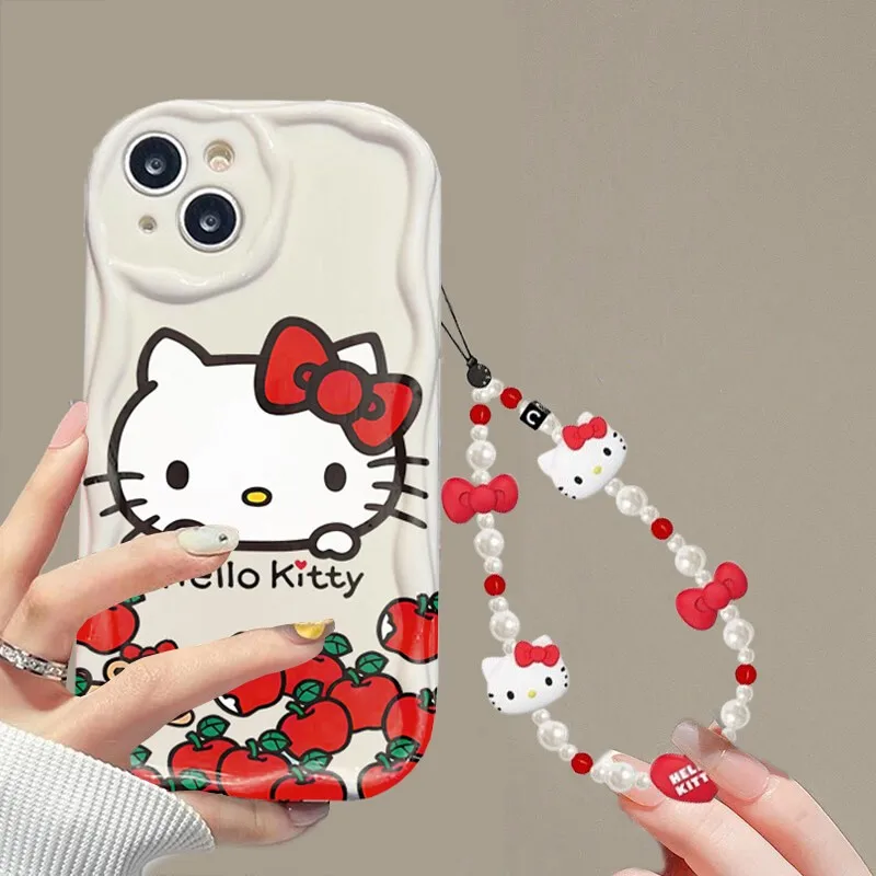 لطيف INS مرحبا كيتي مع سوار جراب هاتف لسامسونج غالاكسي S25 S24 S23 S21 S20 FE زائد الترا F06 4G 5G 3D موجة غطاء من البولي يوريثان الحراري