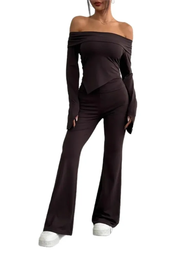 مجموعة أزياء المرأة الصلبة عارضة طويلة الأكمام أعلى قطعتين مجموعة جديدة ربيع الخريف أنيقة عطلة حزب قطعتين ملابس امرأة