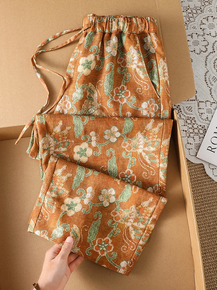 Artistic Large Size Floral Cotton Linen Print Wide Leg Pants Women Summer Elastic Waist Ageless Versatile Slimming Casual Nin...