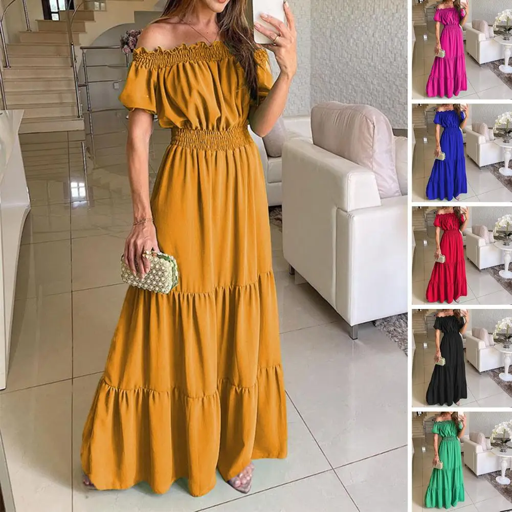 Robe Boho à Manches Courtes Bouffantes pour Femme, Taille artificiel astique, Grand Ourlet, Ligne A, Taille Haute, Couleur Unie, Maxi, Été 2023