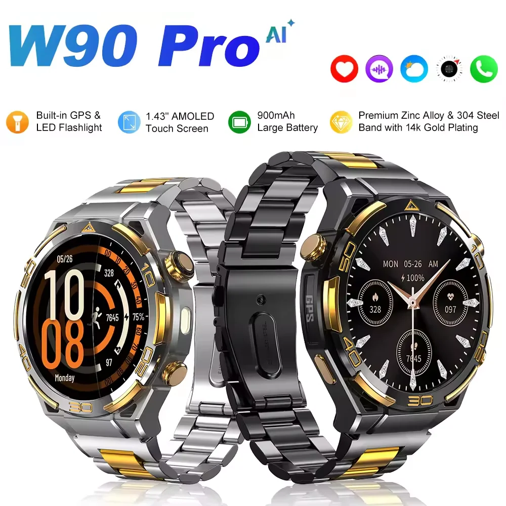 

2026 New GPS Positioning W90 Pro Smartwatch with Flashlight 1.43" HD AMOLED Display 900mAh Bluetooth Sport Watch for Men Women