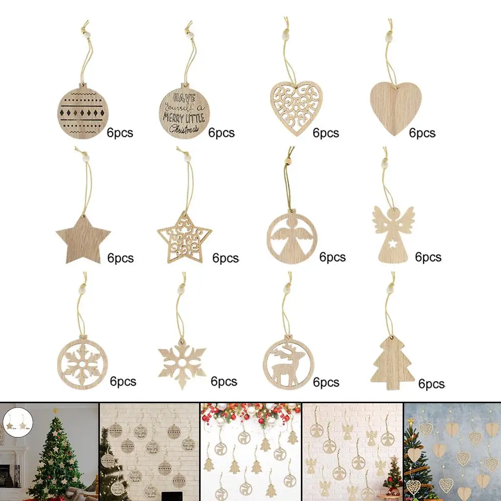 12PCS DIY Pendant Shapes Christmas Ornaments Wood Pieces Slices for Crafts Centerpieces Holiday Hanging Decoration