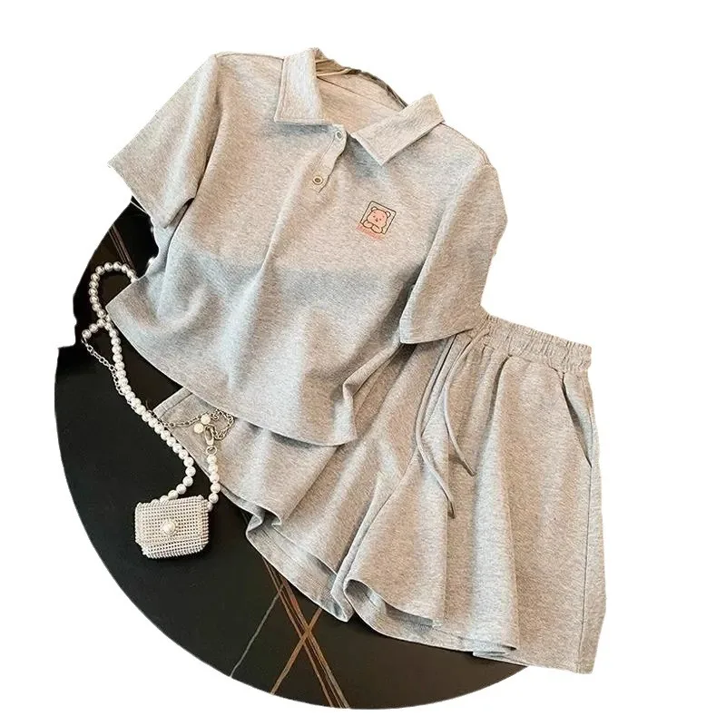 2026 summer girls casual tracksuit short bear t-shirt top + hot pant teenager children set 4 5 6 7 8 9 10 11 12 14 16 year