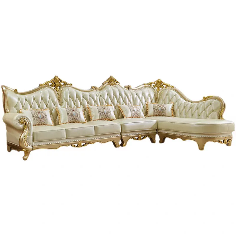 الفاخرة الأوروبية الملكي الزفاف غرفة المعيشة طقم أريكة خشب متين جلد طبيعي L على شكل الأرائك الأريكة لأثاث غرفة المعيشة