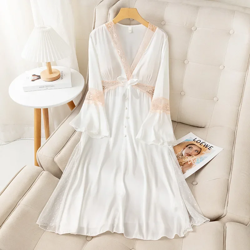 

Summer Women Nightgown Dress V-Neck Sleepwear Lace Nightwear Bathrobe Long Sleeve Nightdress Satin Dressing Gown Loungewear