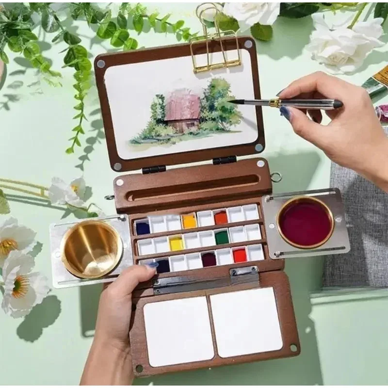 

Portable 24 Grid Watercolor Set Foldable Wooden Paint Palette Outdoor Travel Painting Board Wooden Watercolor Palette Art Supply