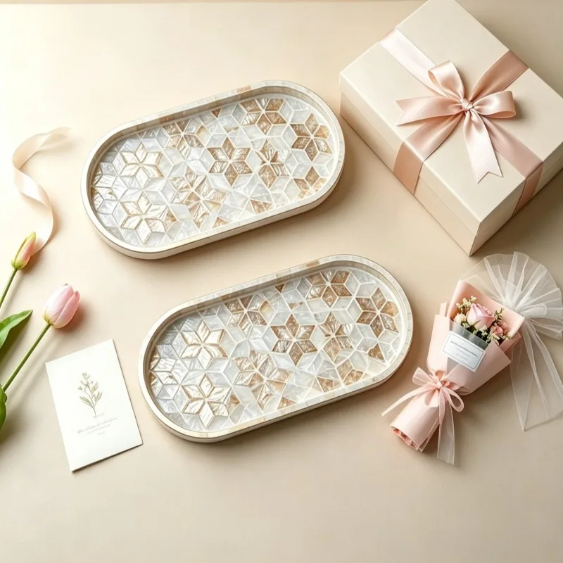 Mother‑of‑Pearl Mosaic Storage Tray Set Oval Decorative Shell Inlaid Plate Jewelry Cosmetic Organizer Home Tabletop Ornament