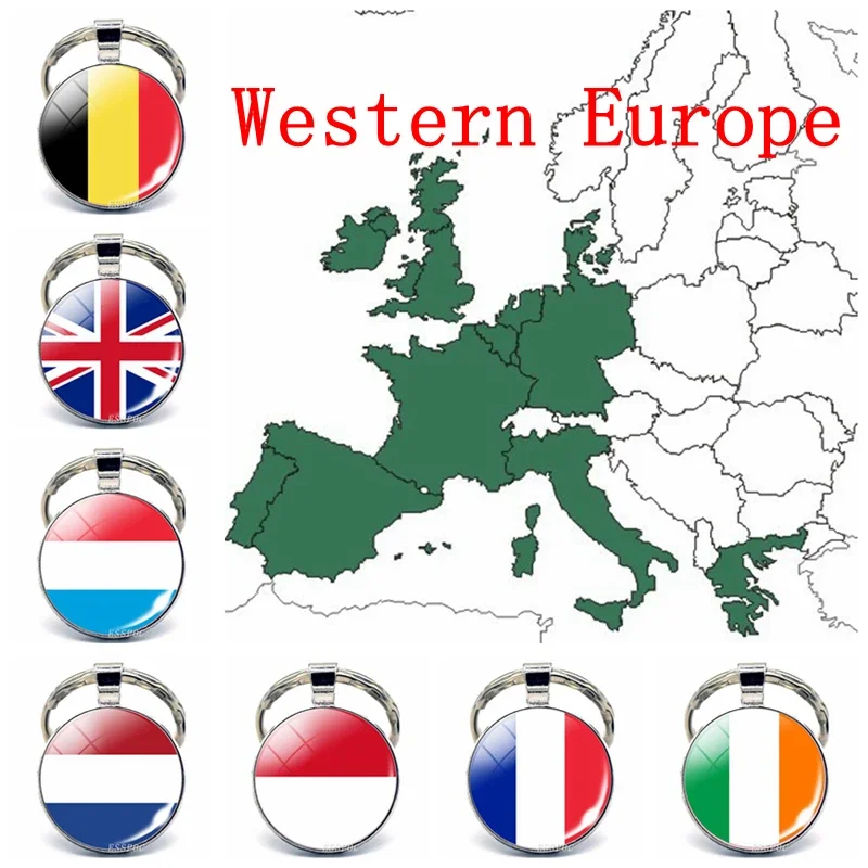 Western Europe Flag Keyring United Kingdom Belgium France Netherlands Flag Key Chain Glass Jewelry Keychain Patriot  Gifts