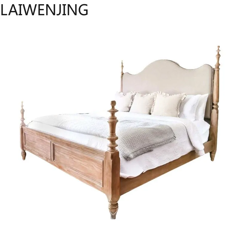 

HLZ full solid wood double bed 1.8 meters master bedroom queen bed country French retro bed fabric
