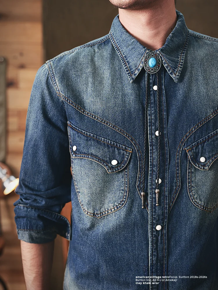American Retro Pure Cotton Deep Blue Western Cowboy Casual Long Sleeve Men's Shirt Heavyweight RL Leisure Workwear Shirt