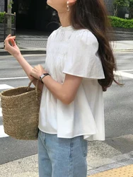 New Women's Standing Collar Pleated Loose Shirt Top Summer Korean Ins French Sweet Lady Temperament  Solid Color Lace Doll Shirt