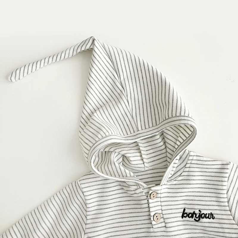 Spring And Autumn Newborn Baby Girls And Boys Baby Tee Cotton Cute Striped Hooded Long-sleeved Korean Fashion Soft Casual