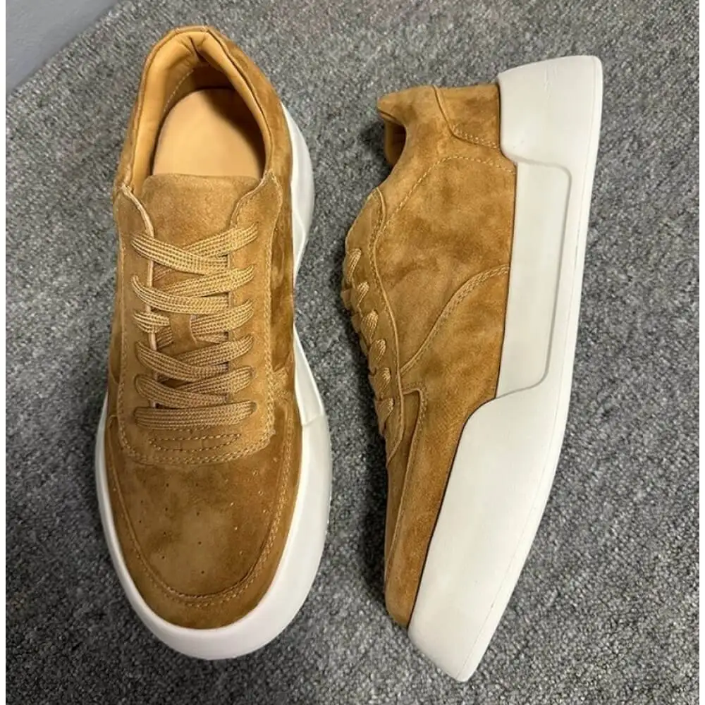 Men’s Matte Camel Suede Chunky Sneakers, Stylish Versatile Low-Top Casual Shoes for Everyday Use