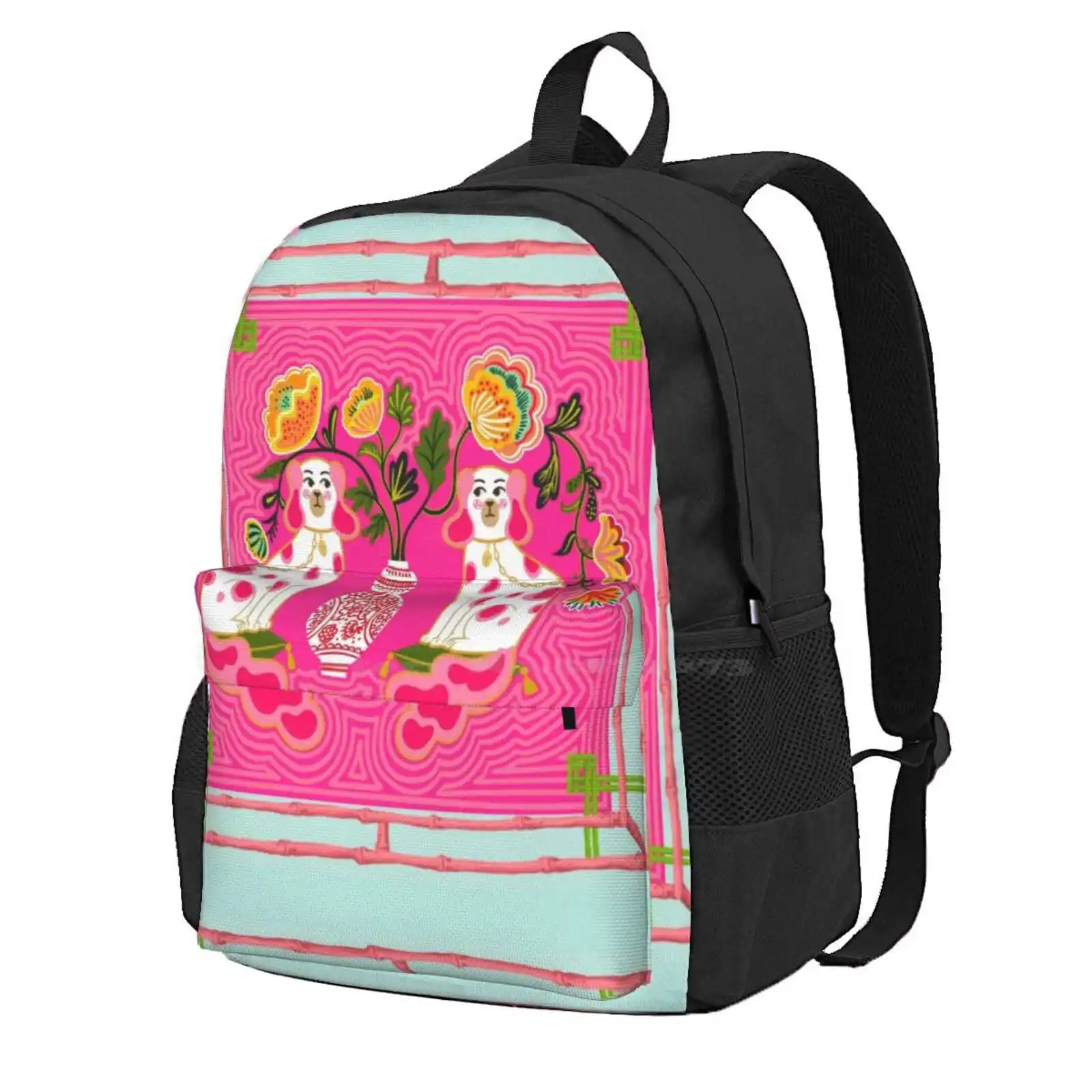 Chinoiserie Staffordshire Pink And Coral Hot Sale Schoolbag Backpack Fashion Bags Ginger Jar Pagoda Palm Tree Watercolor Monkey