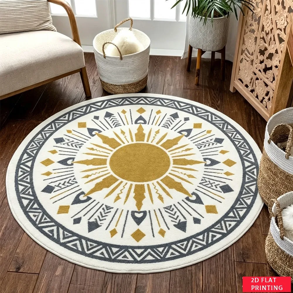 Elegant White Gold Mandala Geometric Border Round Carpet For Boho Living Room Featuring Luxe Pattern Carpet Grace