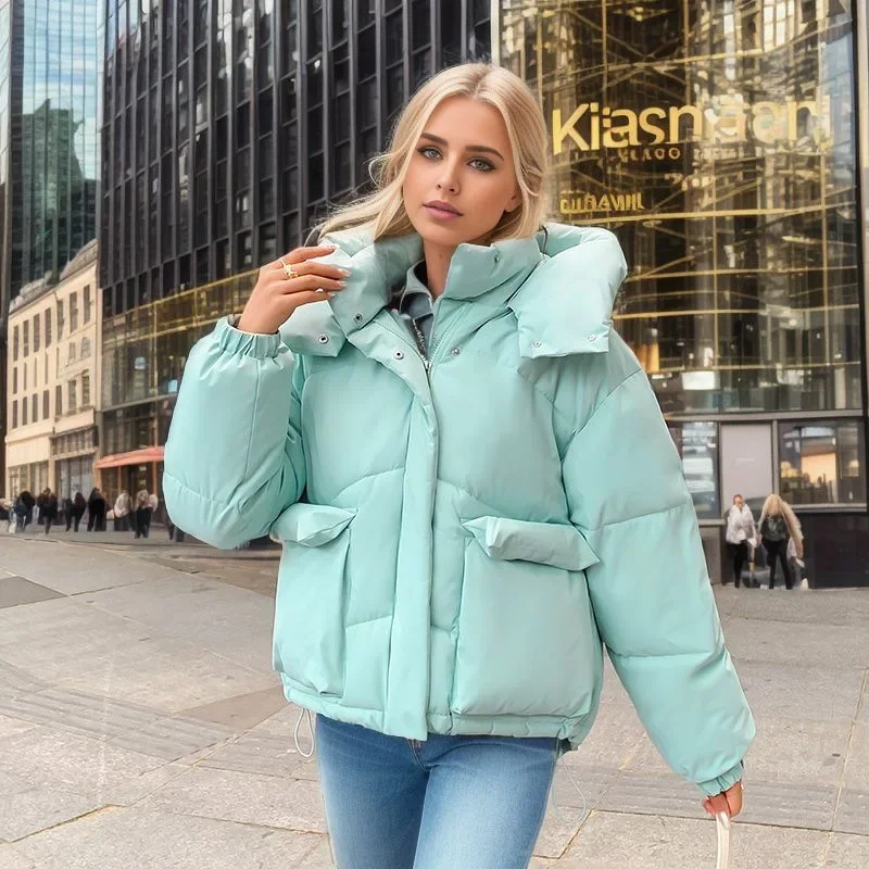 2024 Winter Fashion Chic Hooded Down Cotton Puffer Parka Coats Women Loose Solid Thicken Warm Jacket Female New Zippers Outwear