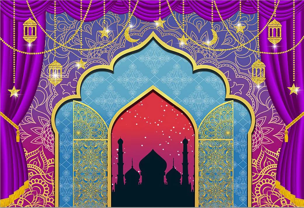 7x5ft Purple Gold Arabian Islam Ramadan Arch Wall Custom Washable Wrinkle Free Photo Background Backdrop Polyester Polycotton