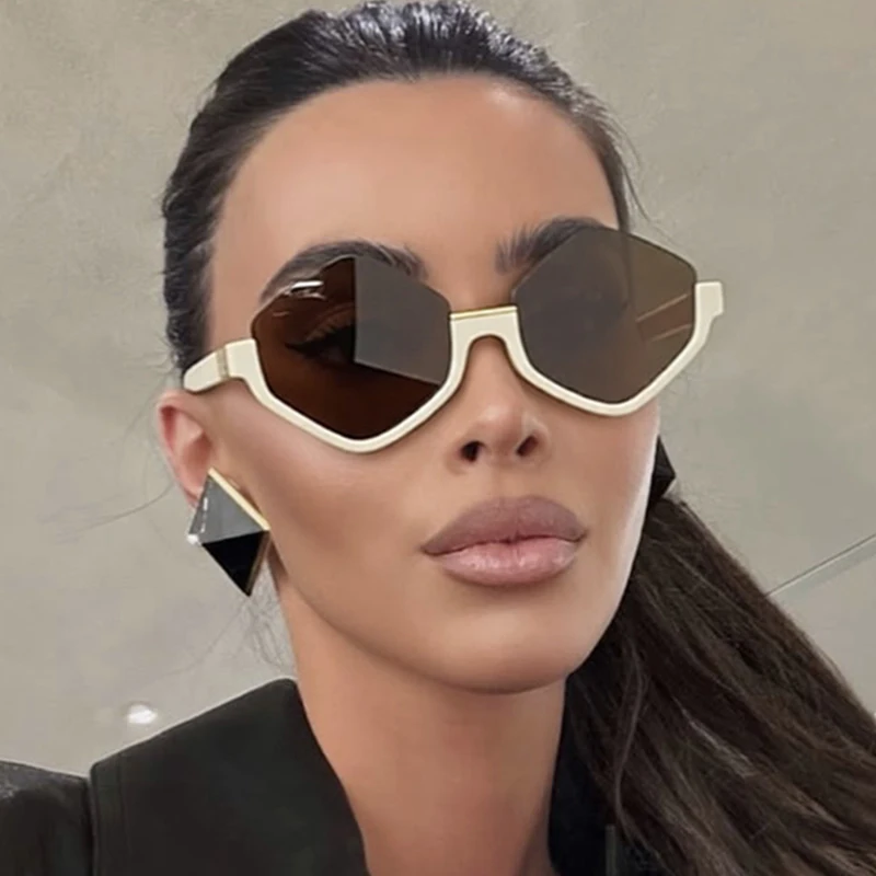 Modische Halbrahmen-Sonnenbrille für Damen Neue Vintage Polygon Luxusmarken-Sonnenbrille Trendige Einzigartige Eyewear Shades – Detail 1