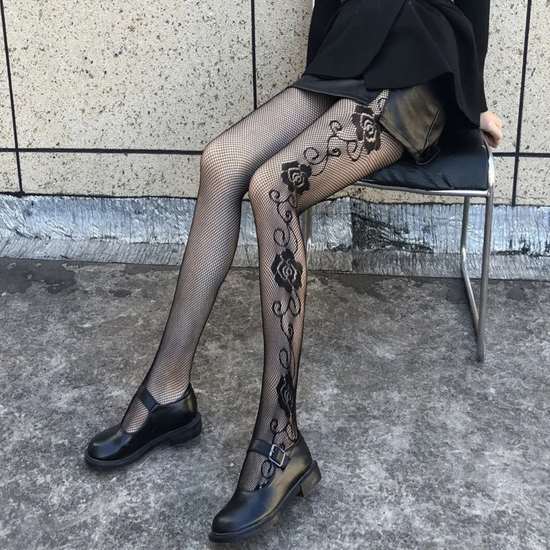 Women's Sexy Fishnet Patterned Long Stocking Jacquard Pantyhose Tights Side Pattern Quality Women's Stockings