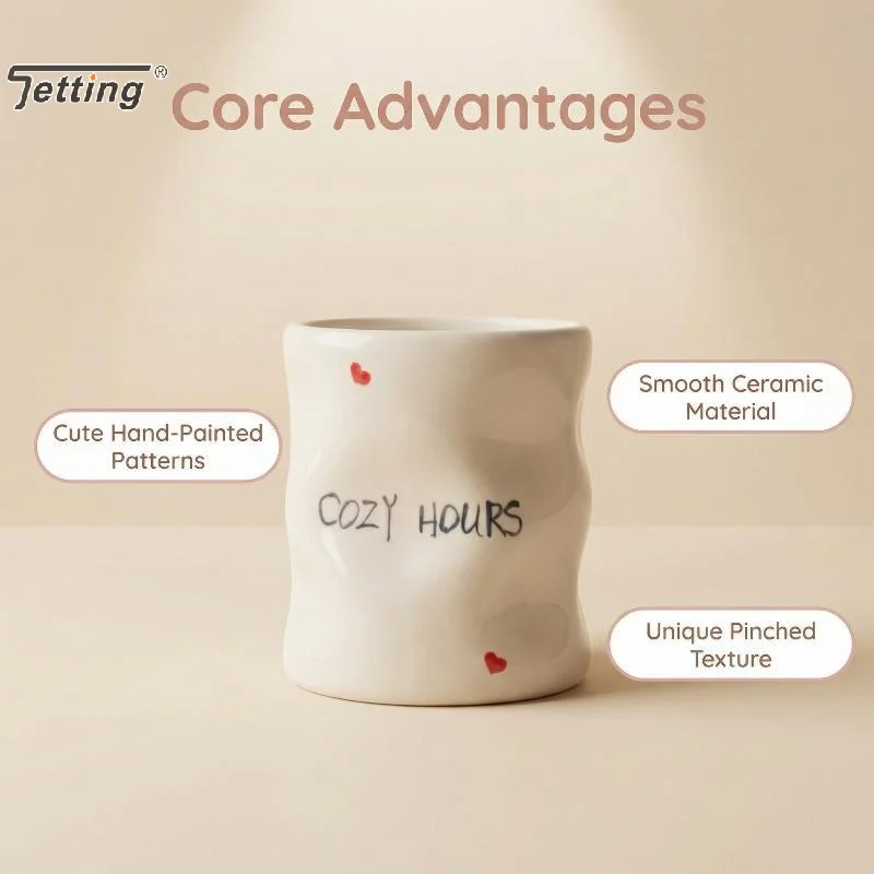 Hand Painted Striped Heart Ceramic Mug Irregular Wrinkle Shape Ins Style Coffee Cup For Home Office Afternoon Tea Time Use