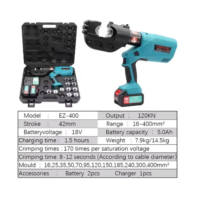 EZ-300 EZ-400 Electric Hydraulic Plier Rechargeable Hydraulic Crimping Plier w Battery Cable Copper Aluminum Terminal Crimp Tool