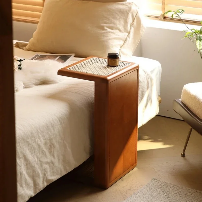 French Style Rattan Side Table - Portable Wooden End Table for Sofa/Bedroom (Vintage, Narrow, Multi-Functional, Space-Saving