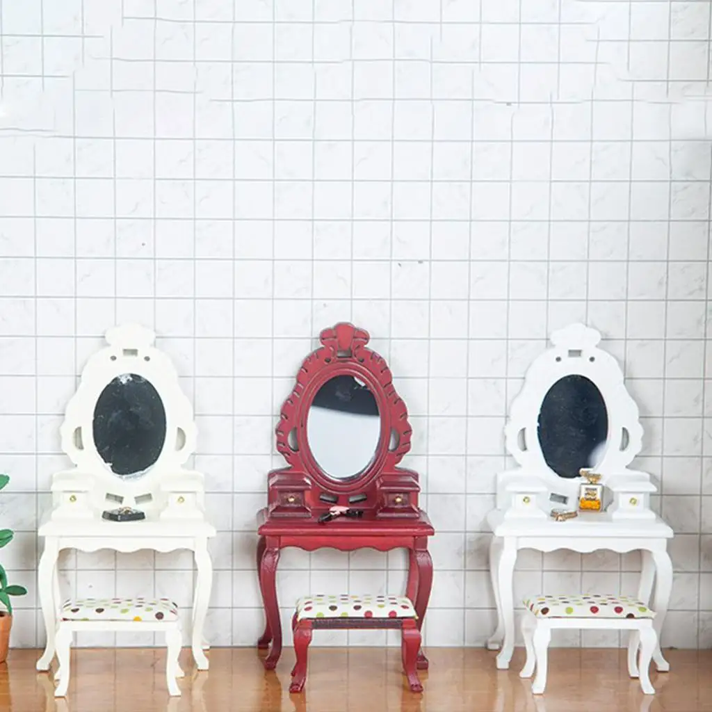 Coiffeuse Miniature faite à la main avec tabouret, maison de poupée 1:12