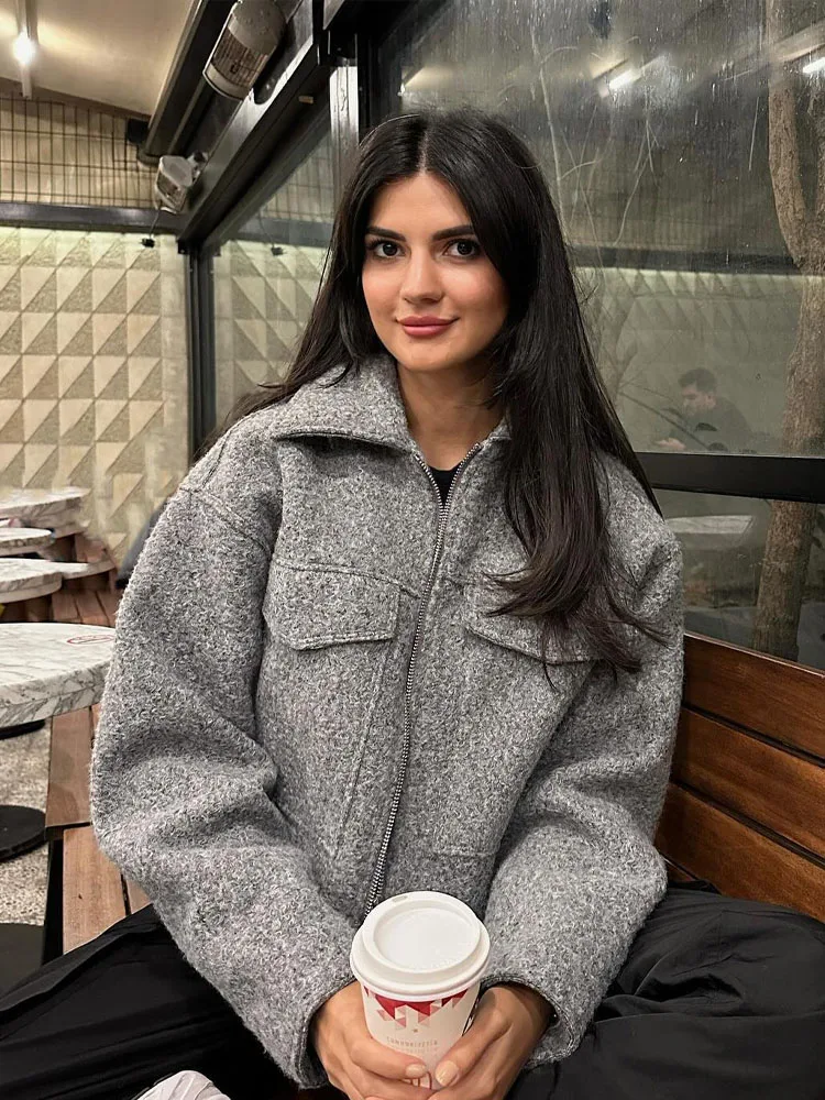 HH automne gris femmes Bouclé veste courte manteau à manches longues poche fermeture éclair col Polo veste femmes haut court manteau Y2k