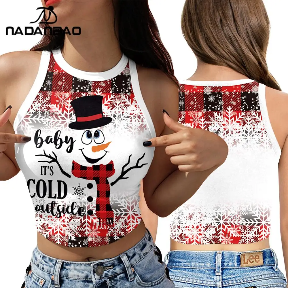 NADANBAO Christams Snowman Women Crop Top 3D Digital Printed Sleeveless Shirts Girls Sexy Tops Xmas Party Clothes Holiday Gifts