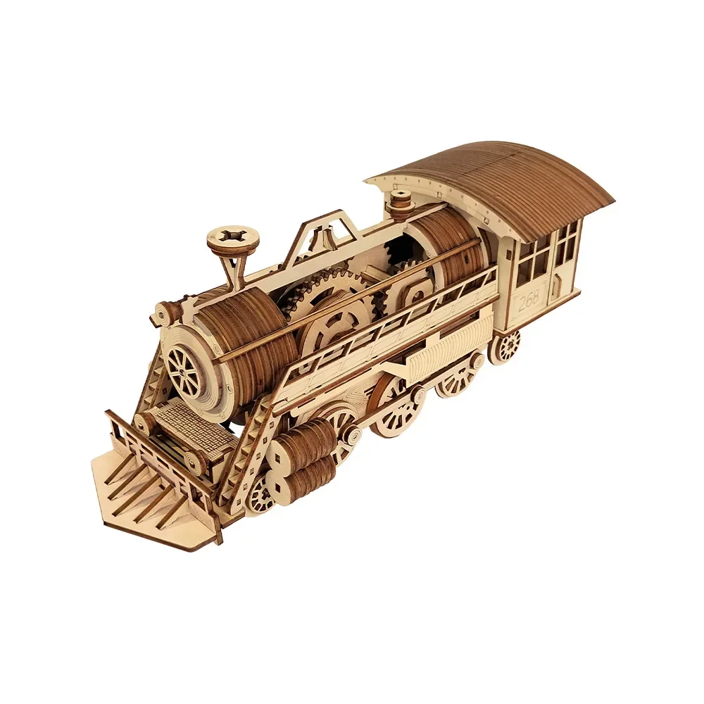 3D Wooden Puzzle Mechanical Transmission Steam Train Model Handmade DIY Assembly Educational Toy Jigsaw Model Building Kits