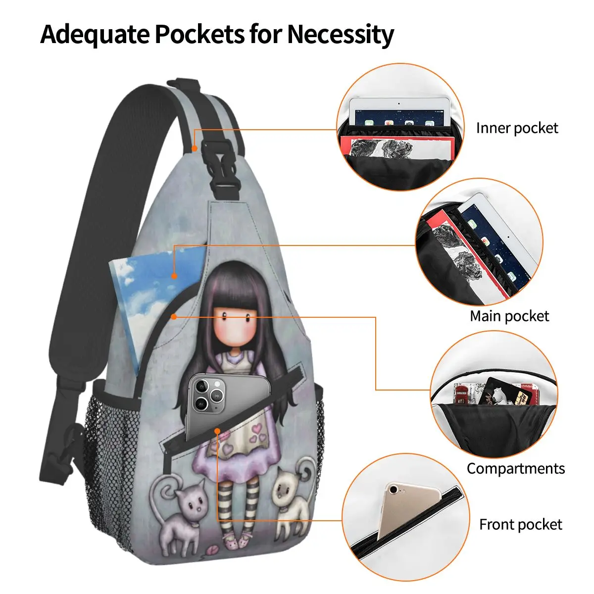 Santoro Gorjuss Boneca Crossbody Sling Sacos Pequeno Peito Bag Cartoon Ombro Mochila Daypack para Viagem Caminhadas Camping Bookbag