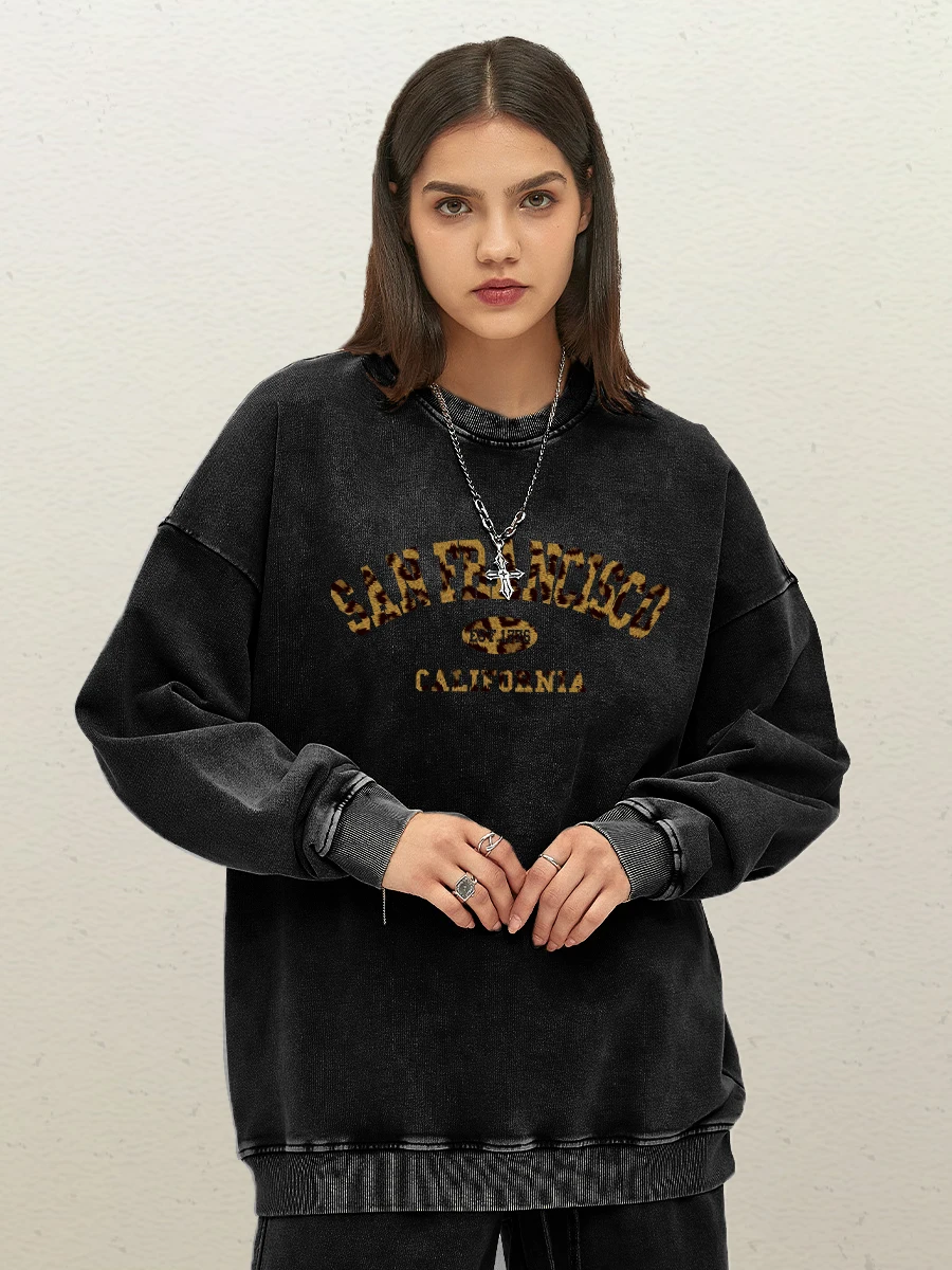 Leopard Print In San Francisco Printed Womens Washed Cotton Streetwear Fashion Oversize Sweatshirt Y2K Hoody Autumn Crewneck Top