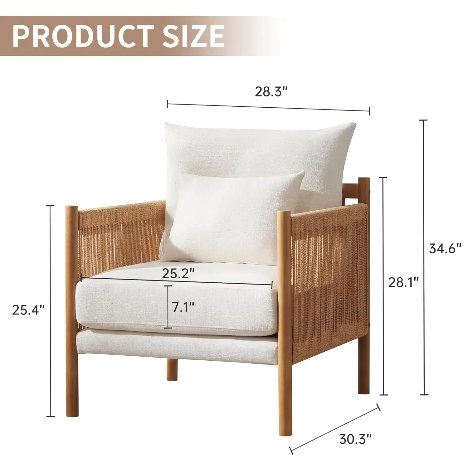 Boho Rattan Armchair Set 2 with Wooden Backrest & Armrest Waist Pillow for Bedroom Living Room Reading Room, Customized