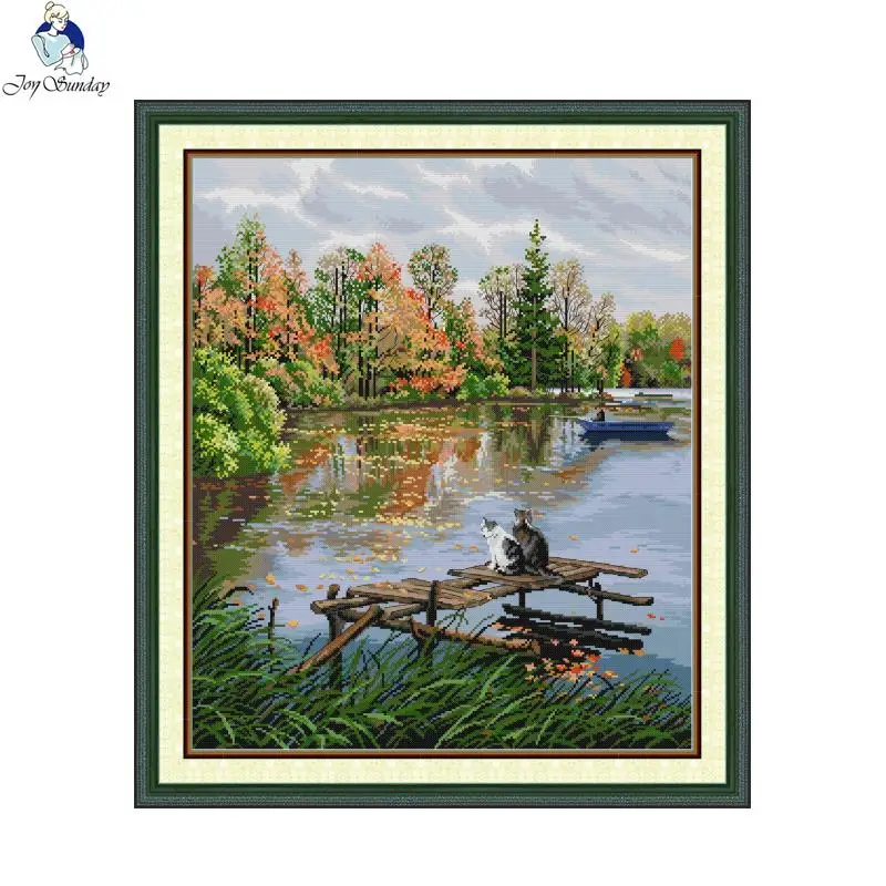 Joy Sunday Riverside Landscapes Cross Stitch DIY Haft Cat View Print Liczone robótki Diy Malarstwo Dekoracja domu