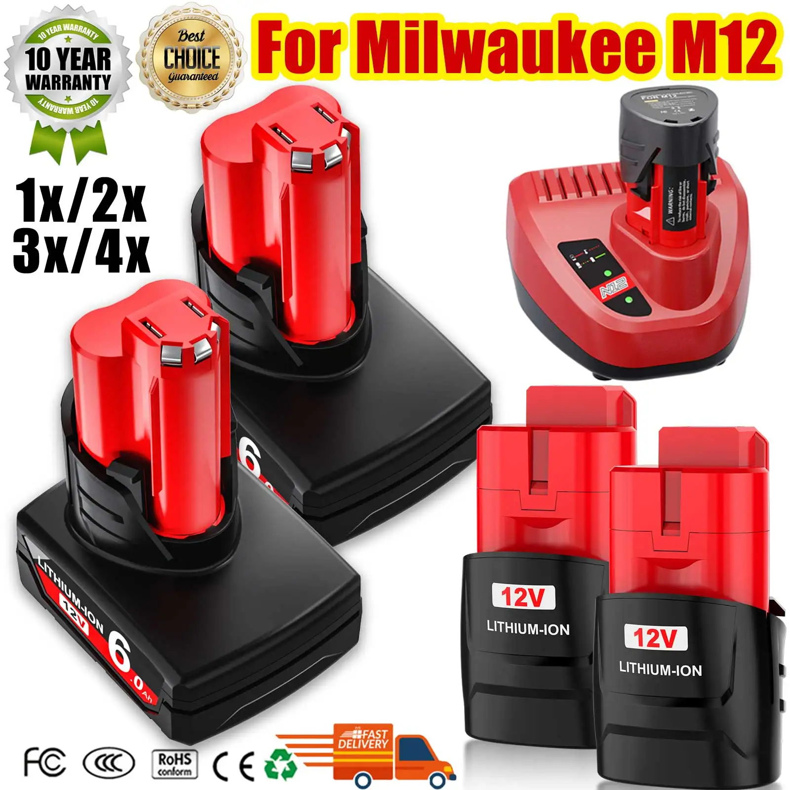 

6000MAH For Milwaukee M12 Rechargeable Battery For 12V Cordless Tools 48-11-2402 48-11-2411 48-11-2401 MIL-12A-LI+charger