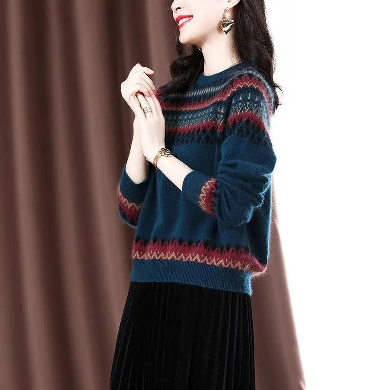 Vintage Korean Simple Printed Knitted Sweater Women Autumn Winter Casual Street O Neck Long Sleeve Pullover Top Female Clothing