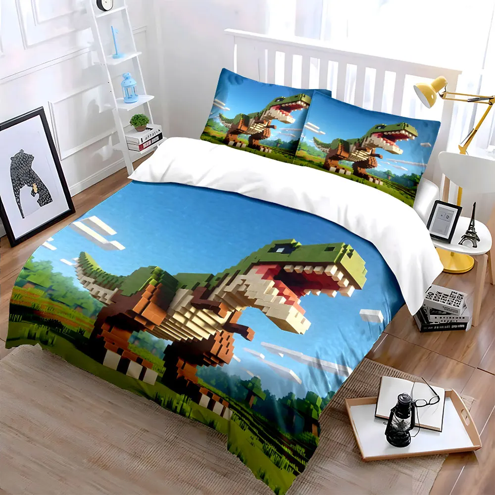 Pixelated dinosaur on grassland Bedding Set for Kids Luxury Gift 3pcs Digital Print Comforter Set Soft Comfortable Breathable