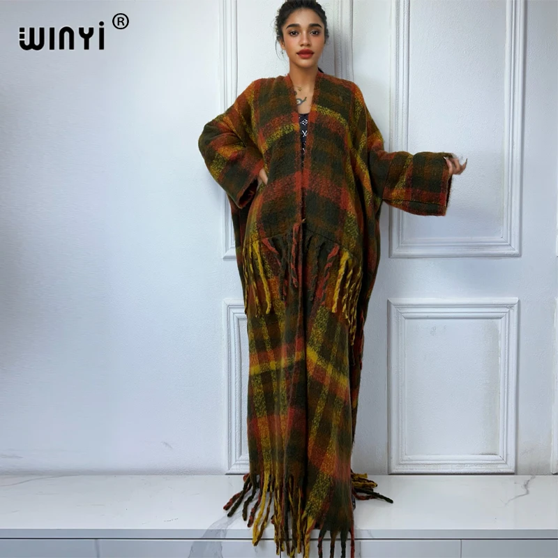 Winyi-女性のための豪華なカーディガンの衣装,オープンフロントの着物,ロングダウンコート,アフリカの服,ドバイとアフリカ,冬,フリンジ