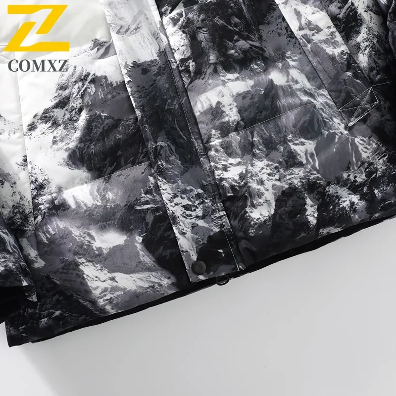 COMXZ Luxury Mens Down Jacket Print Design Hooded Outdoor Riding Lightweight Parka Fashion Camping Warm Windproof Winter Coat