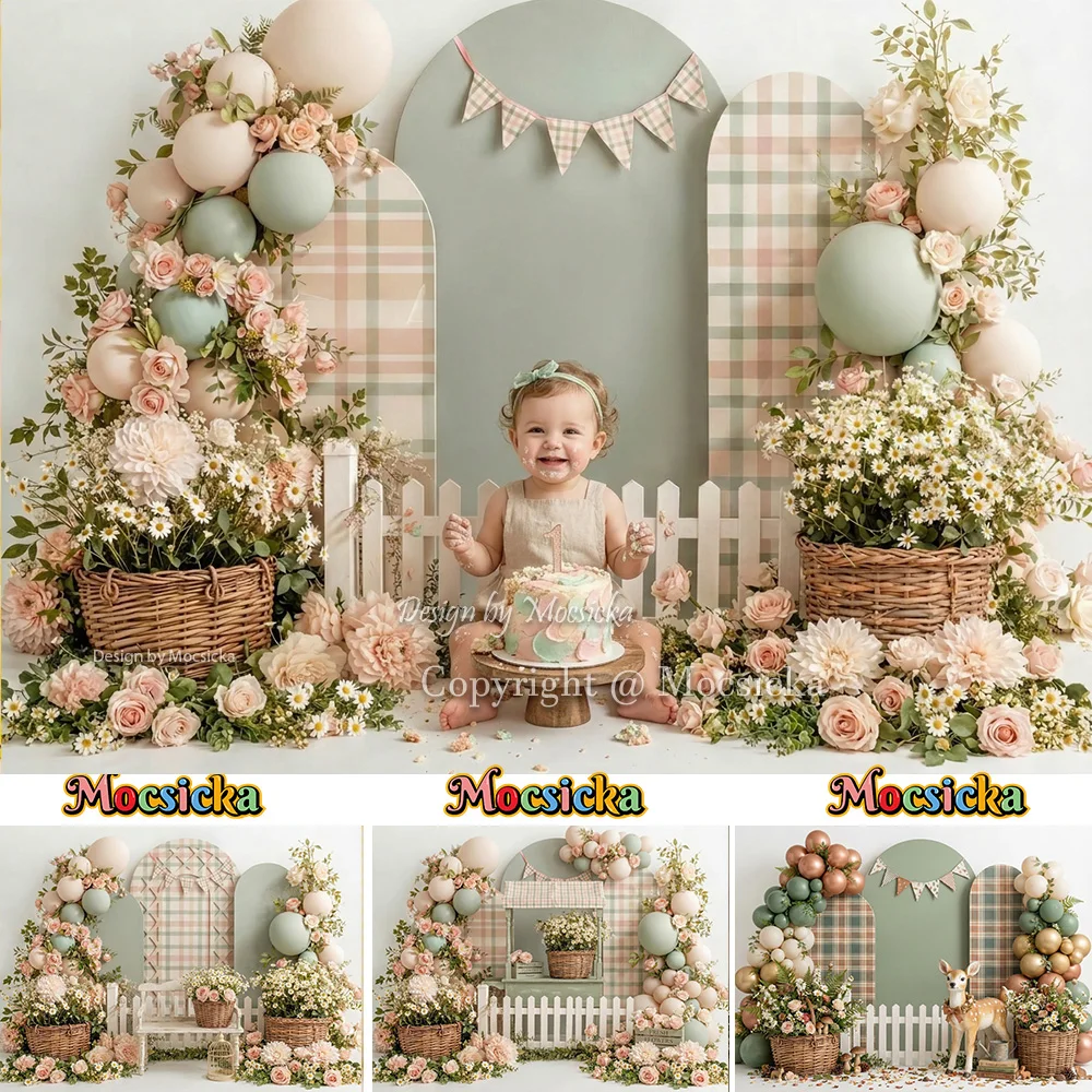 Mocsicka Kids 1st Birthday Party Backdrop Photography Blush Pink Greenery Plaid Background Baby Cake Smash Portrait Photo Studio