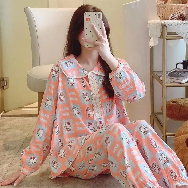 

Sanrio Hello Kitty, пижамы для молодых девушек, кавайный студенческий осенне-зимний комплект домашней одежды с длинными рукавами и длинными брюками с лацканами, новый