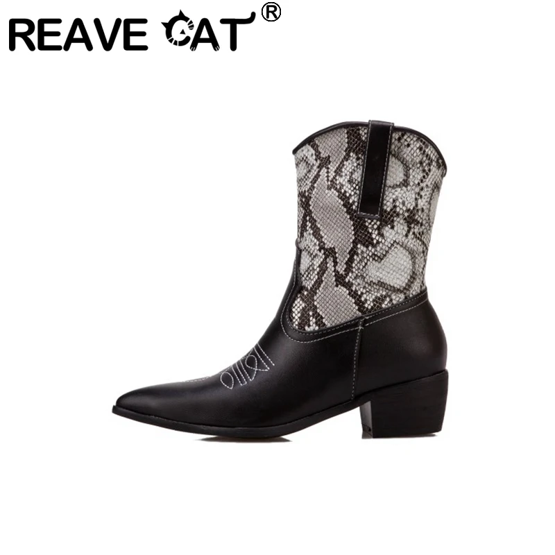 REAVE CAT Print Ankle High Heel Boots Thick Heel Shoes Pointed Toe Ladies Short Boots Black Size 34-50